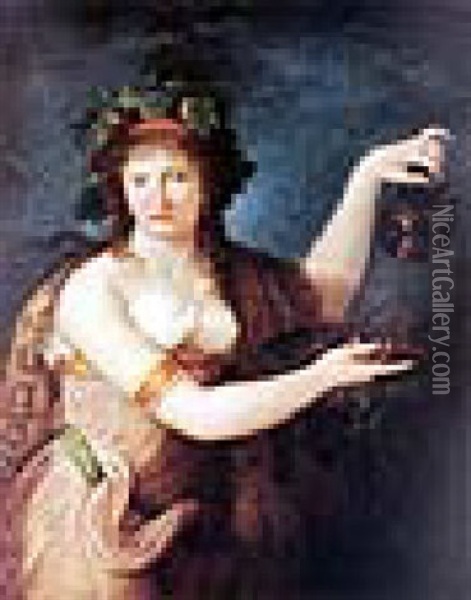 Emma Hamilton As A Bacchante, Wearing Classical Dress, Pouring From A Greek Painted Vase Oil Painting - Robert Fagan