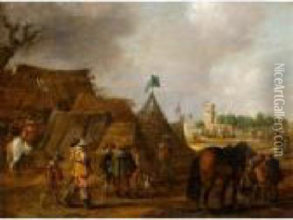 A Military Encampment By A Farm Oil Painting - Esaias Van De Velde