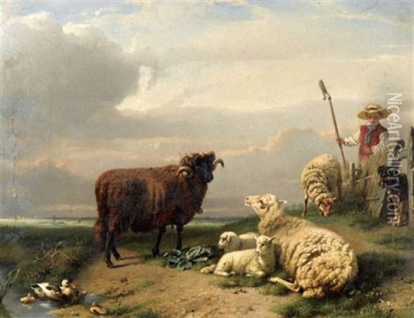 Berger, Belier, Brebis Et Agneaux Oil Painting - Daniel-Adolphe-Robert Jones