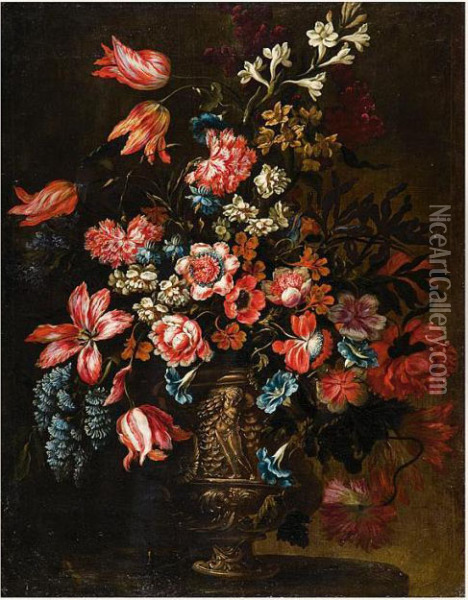 Stillleben. Bunter Straus Aus Tulpen Oil Painting - Mario Nuzzi Mario Dei Fiori