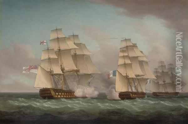 Venerable
 Exchanging Fire With The French Frigate 
Alcmene Oil Painting - Thomas Whitcombe