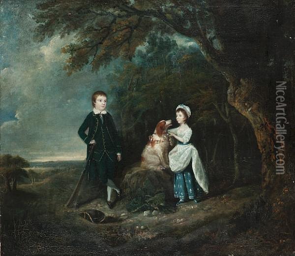 Portrait Of A Young Boy Holding A Cricket Bat With A Young Girl And A Spaniel In An Extensive Landscape Oil Painting - Hugh Barron