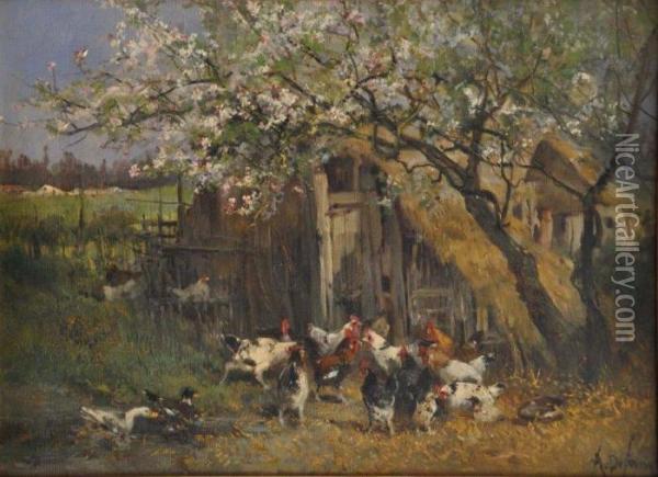 Poules Sous Les Cerisiers En Fleurs Oil Painting - Alexandre Defaux