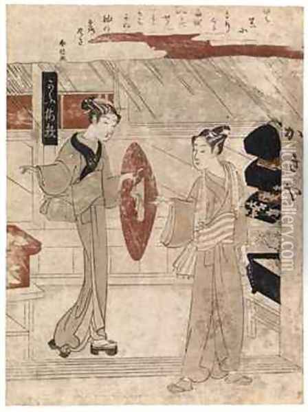Young man being handed his sedge hat Oil Painting - Suzuki Harunobu