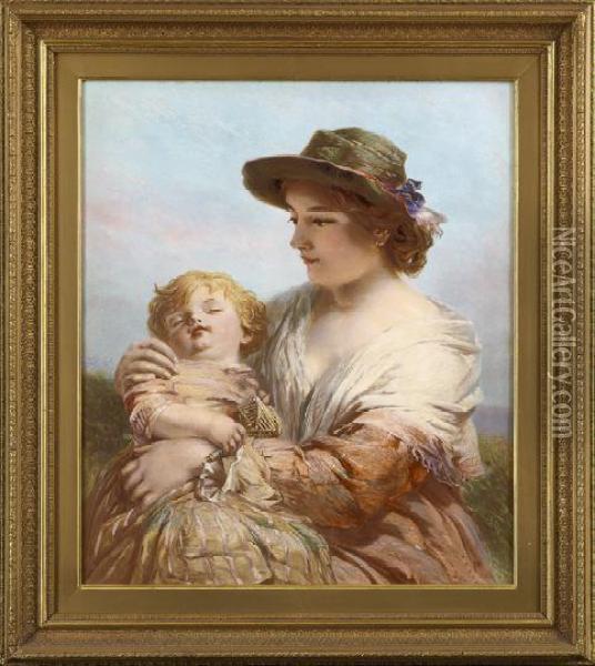 Mother With A Sleeping Child Oil Painting - James John Hill