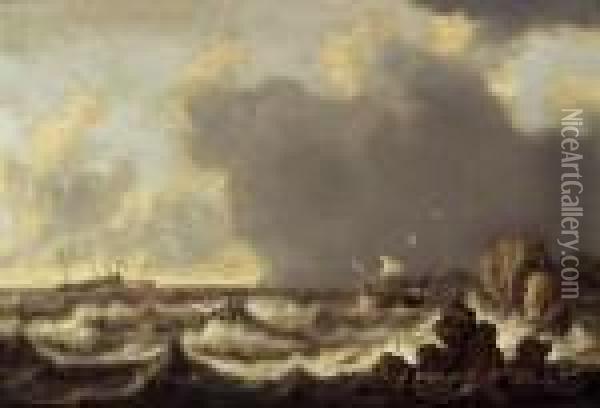 Ships At Anchor A Boat And A Rowing Boat In Stormy Waters Oil Painting - Willem van Diest