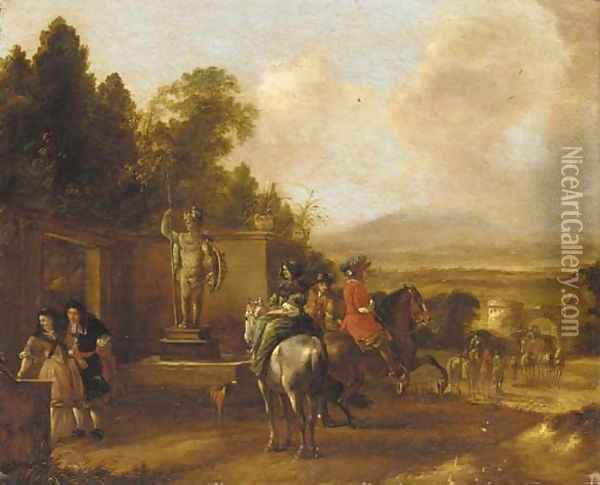 Horsemen and elegant figures before a statue Oil Painting - Philips Wouwerman