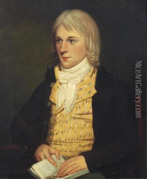 Portrait Of A Gentleman, Bust-length, Seated In A Yellow Vest And Brown Coat, Holding A Book Of Poetry Oil Painting - David Allan