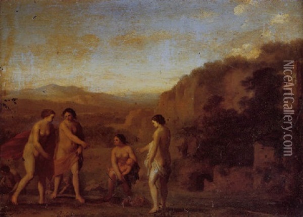 A Classical Landscape With Nymphs Discovering An Infant Oil Painting - Johan van Haensbergen