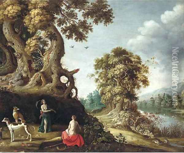 A wooded river landscape with Jupiter and Callisto Oil Painting - Roelandt Jacobsz Savery