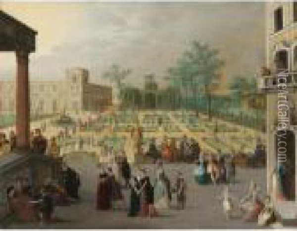 A Palace Garden With Elegant Couples Dancing Oil Painting - Louis de Caullery