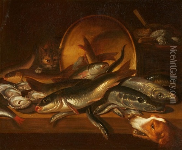 Still Life With Fish, A Dog, And A Cat Oil Painting - Isaac Van Duynen