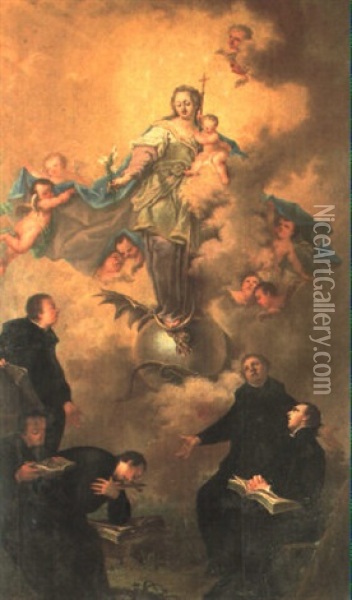 Madonna Med Barnet Staende Pa Maneseglet, I Forgrunden      Praester Oil Painting - Ignaz Joseph Raab