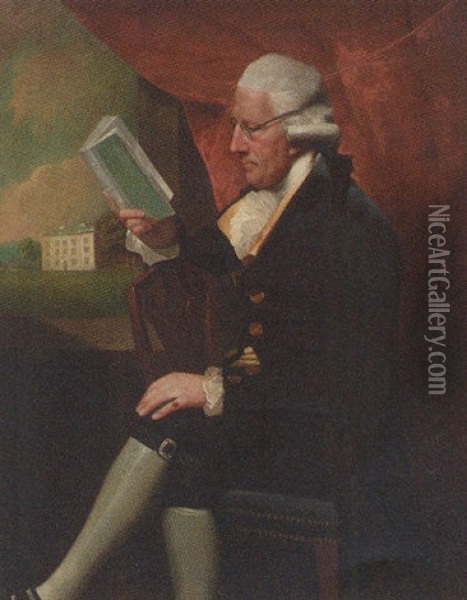 Portrait Of Edward Cotsford In A Dark Brown Jacket And Breeches, Holding A Book By A Window, A View To A House Beyond Oil Painting - Lemuel Francis Abbott