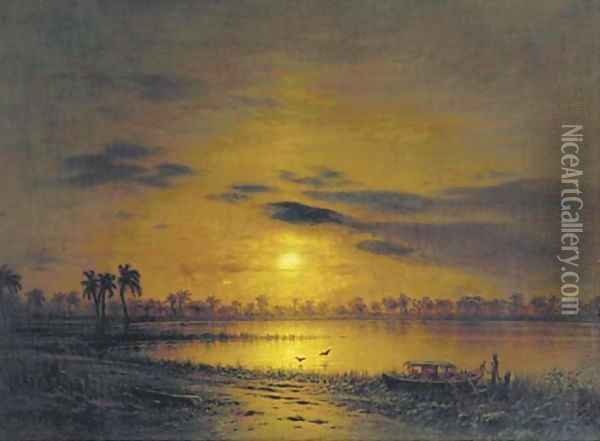 Sunset over an exotic river landscape Oil Painting - Eduard Hildebrandt