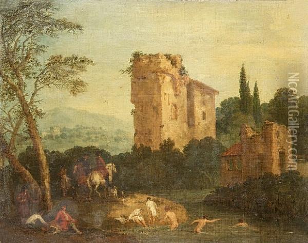 Men Bathing In A River With Riders, A Ruined Castle Beyond Oil Painting - Jan Peeter Verdussen