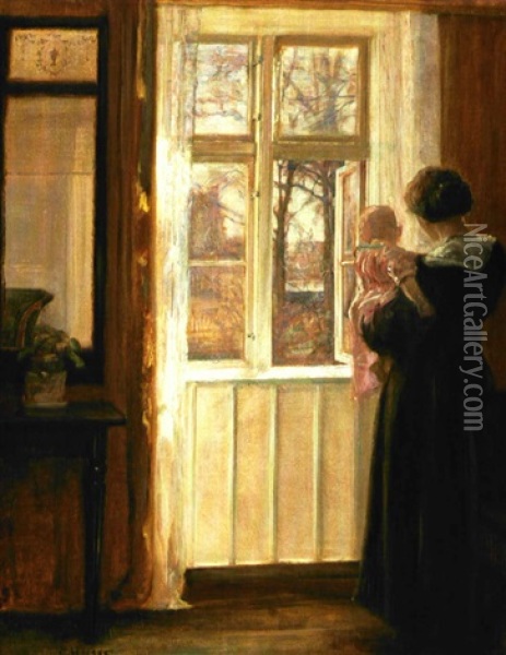 Interior Med Mor Og Barn Ved Vinduet Oil Painting - Carl Vilhelm Holsoe
