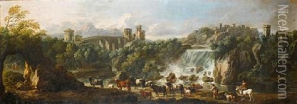 An Italianate Landscape With Drovers Watering Their Cattle, A View To Tivoli Beyond Oil Painting - Cajetan Roos