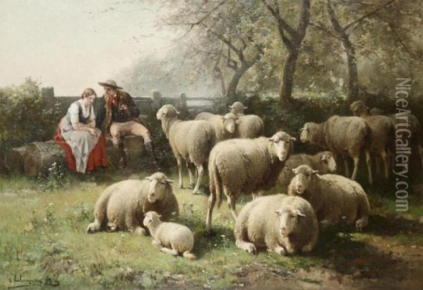 Farmer And Farmer's Wife With Sheep Oil Painting - Jan David Col
