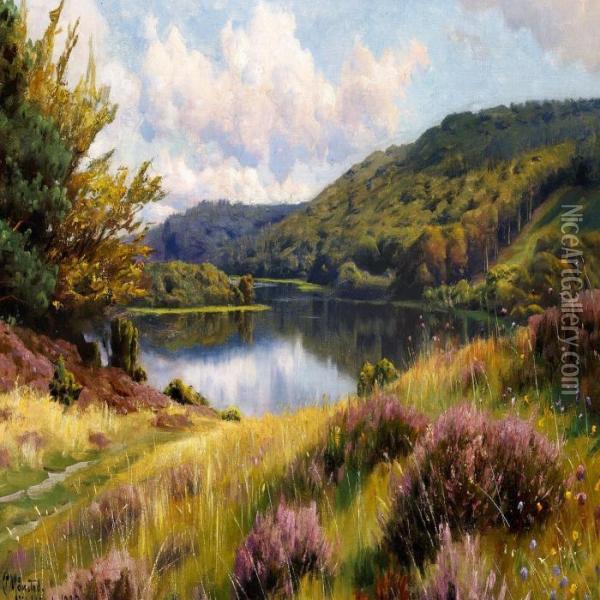Heather Near A Lake, Summer Oil Painting - Peder Mork Monsted