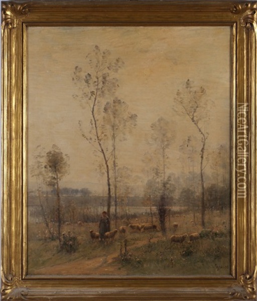 Landscape With Shepherdess And Flock Near A Wooded Pond Oil Painting - Louis Aime Japy