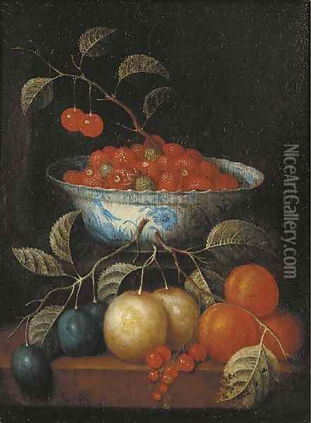 Cherries and other fruit in a 'kraak' porselein bowl Oil Painting - Cornelis De Heem
