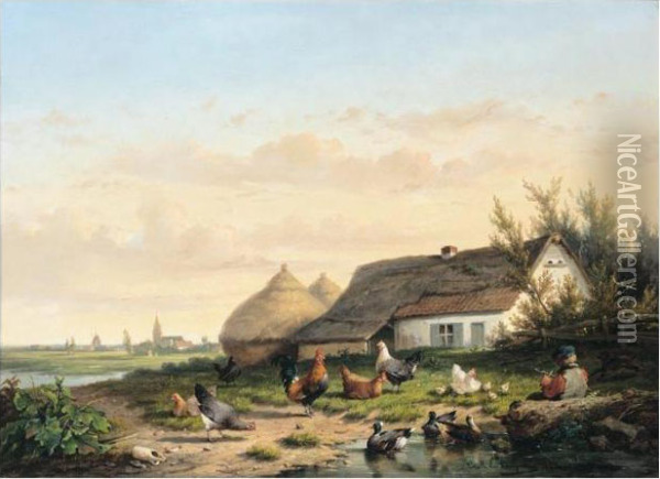 Farmyard With Chicken And Ducks Oil Painting - Cornelis van Leemputten