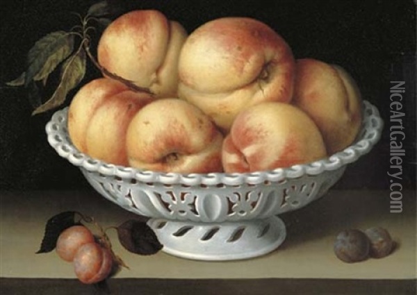 Peaches In A Pierced White Faience Basket Oil Painting - Fede Galizia