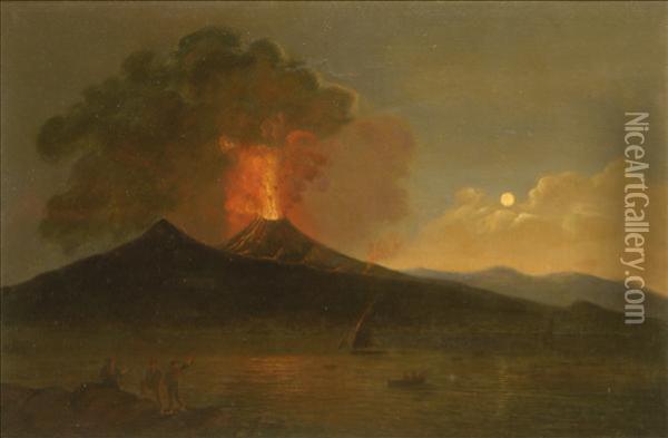 Vesuvius In Eruption, The Bay Of
 Naples By Moonlight, With Fishingboats, Figures Watching From The Shore Oil Painting - Josepf Wright Of Derby
