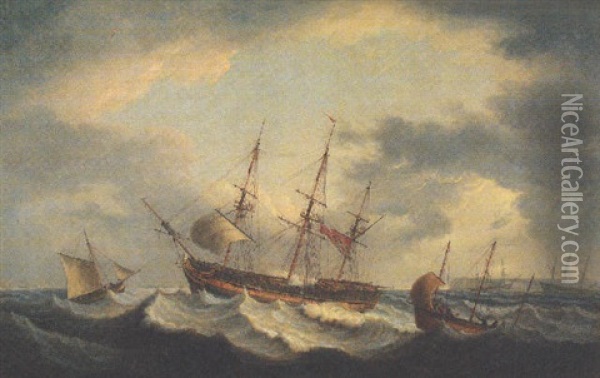 Ships Sheltering From A Gale In The Downs, Amongst Them A Frigate In Distress Oil Painting - Thomas Luny
