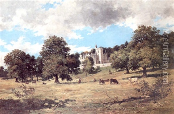 A View Of A Scottish Manor House And A Cowherd With Cattle On The Lawn In The Foreground Oil Painting - John Blake McDonald