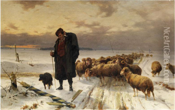 Schafer Mit Herde In Winterlandschaft Oil Painting - Ernst Adolf Meissner