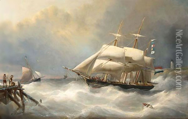 A Three-Master On Choppy Seas Oil Painting - Nicolaas Riegen