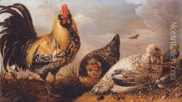 A Hen And Chicks In A Landscape Oil Painting - Gysbert Gillisz de Hondecoeter