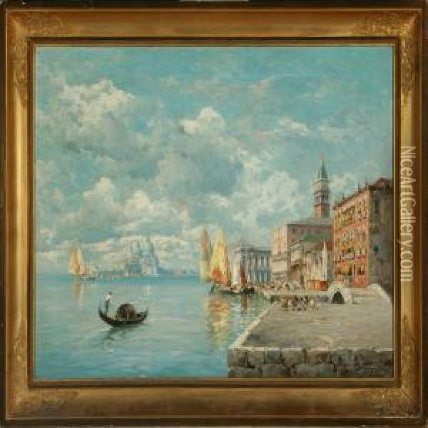 Fishing Vesels Moored At The Molo, Venice Oil Painting - Ferdinando Silvani