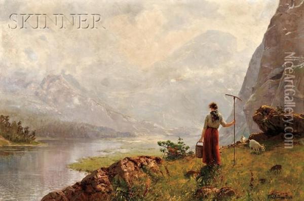 View With A Young Shepherdess On A Fjord Oil Painting - Hans Dahl
