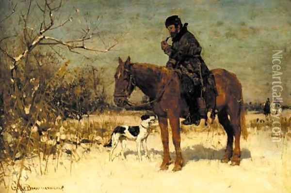 A horseman and his dog in a snowy landscape Oil Painting - George W Brennemann