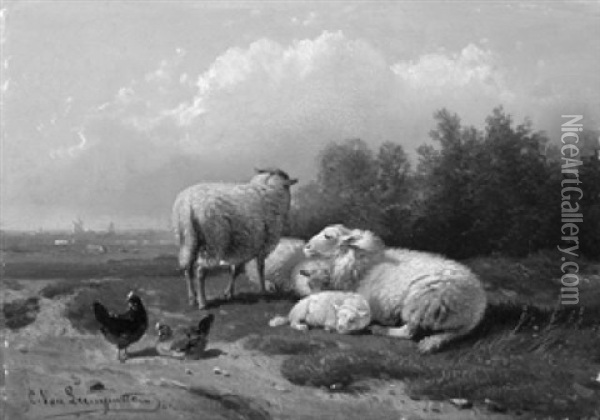 Huhner Und Ruhende Schafe In Weiter Hollandischer Landschaft Vor Einer Stadt Oil Painting - Cornelis van Leemputten