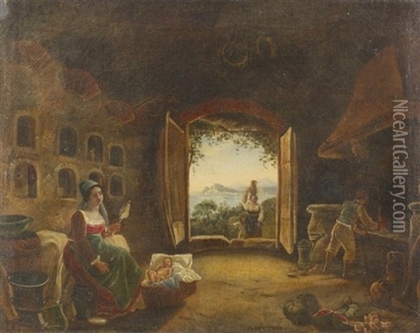 Suditalienische Kuchenpartie Mit Spinnender Frau Oil Painting - Leopold-Louis Robert