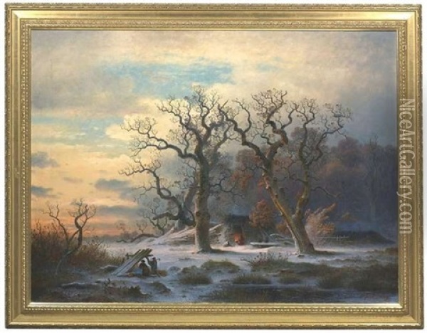 Abendliche Winterlandschaft Mit Einer Kohlerhutte Oil Painting - Johann Gustav Lange
