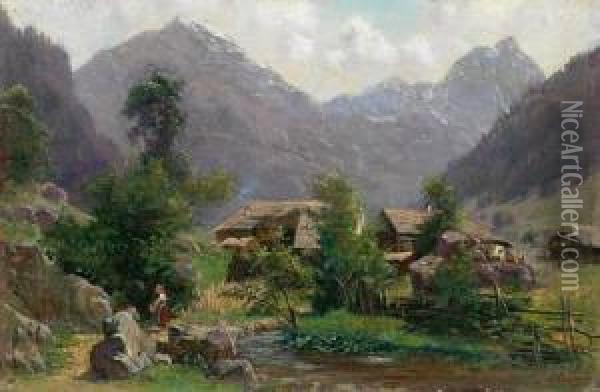 Sommerliche Gebirgslandschaft Mit Kleinem Dorf, Bachlauf Undfigurenstaffage Oil Painting - Ludwig Correggio