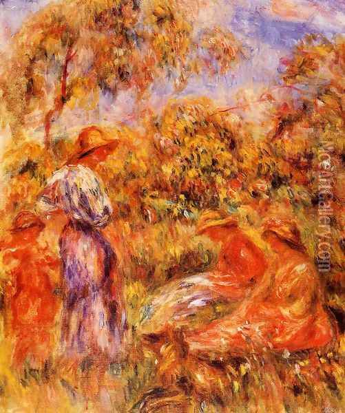 Three Women And Child In A Landscape Oil Painting - Pierre Auguste Renoir