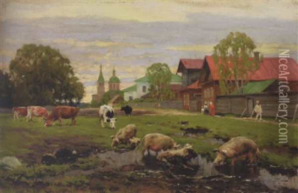 Provincial Russian Village Oil Painting - Alexandr Vladimirovich Makovsky