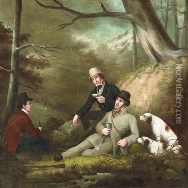 Sportsmen Taking Lunch By A 
Stream, In A Woodland Setting; Asportsman Out Shooting With His Spaniels
 In The Woods Oil Painting - Philip Reinagle