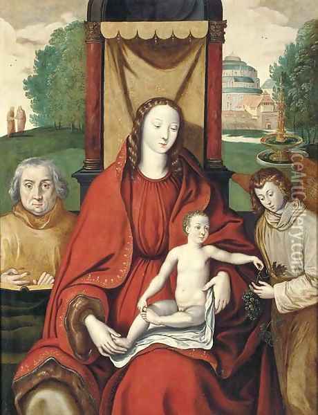 The Virgin and Child with an angel and a donor, a castle beyond Oil Painting - Flemish School