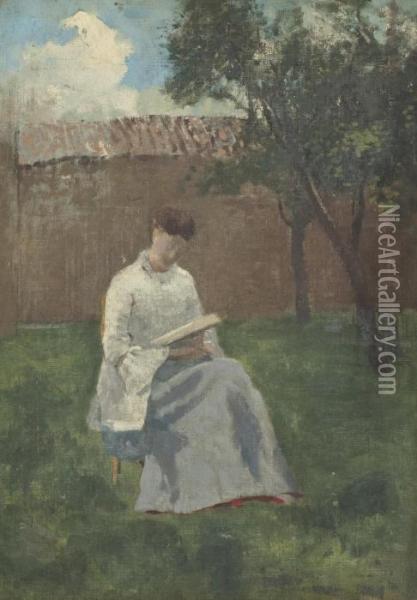 Madame Camille Redon Lisant Au Jardin Oil Painting - Odilon Redon