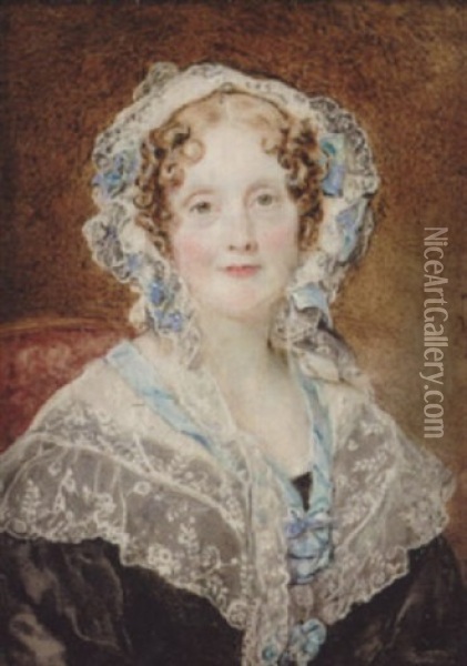 Jane Maitland Wearing Black Dress With Large White Lace Collar Trimmed With Pale Blue Ribbon And Matching Bonnet In Her Blonde Curled Hair Oil Painting - Sir William Charles Ross