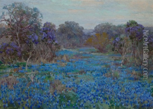 Field Of Bluebonnets With Trees Oil Painting - Julian Onderdonk