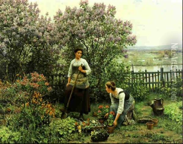 A Moment Of Rest In The Garden Oil Painting - Daniel Ridgway Knight