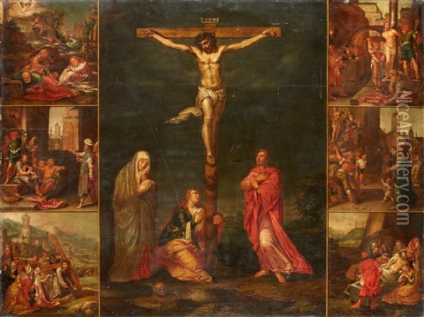 La Crucifixion Entoure Des Scenes De La Vie Du Jesus Christ Oil Painting - Otto Octavius van Veen
